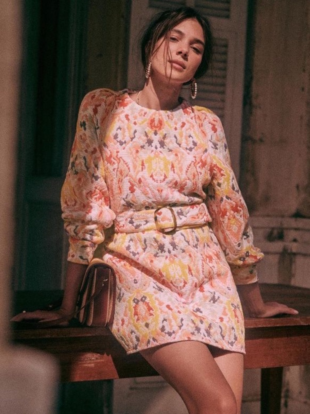 Sezane Pastel Floral Belted Mini Dress - Pink & Yellow